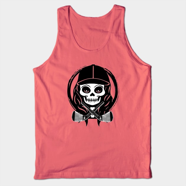 Female Golfer Skull and Golf Clubs Black Logo Tank Top by Nuletto